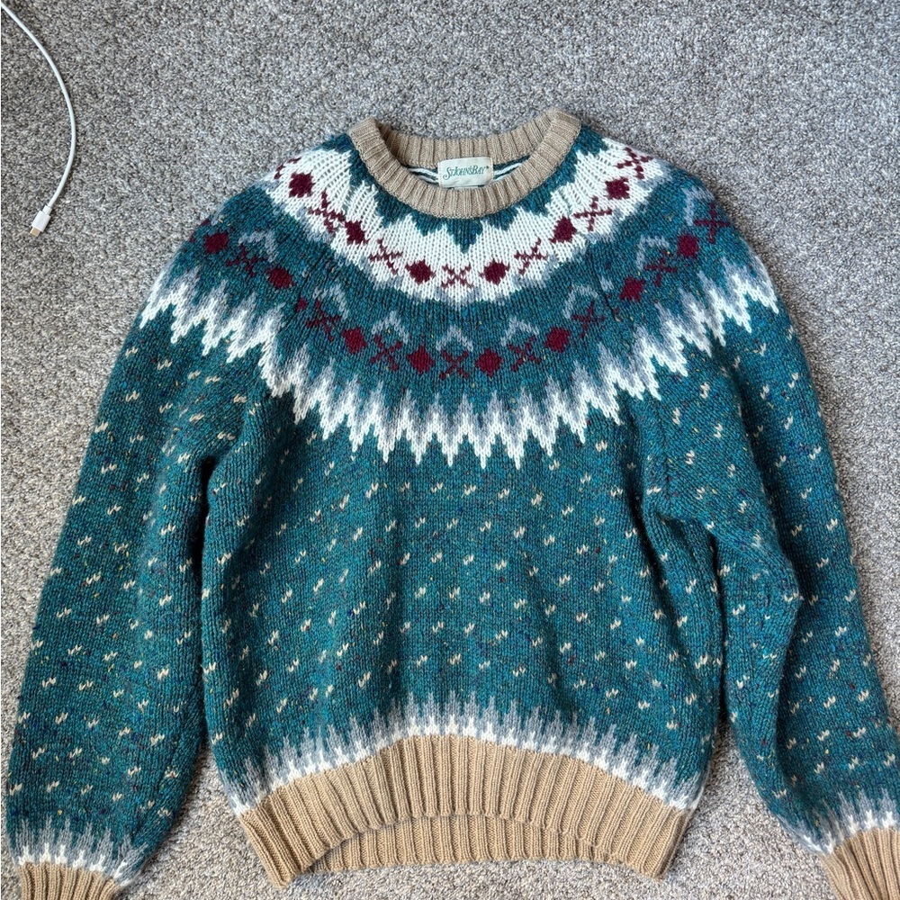 St. John's Bay Teal and Beige Crewneck Sweater - Picture 2 of 5